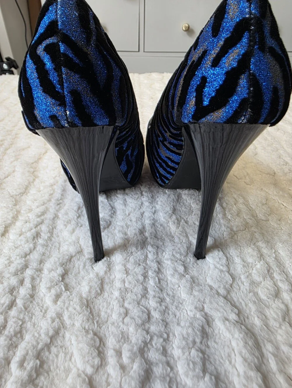 SHl by Journeys Blue Glitter Zebra Platform Stiletto Heels 7 (Estimate)